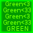 Four identical green square each display repeated text 'Green<3', 'Green<33', and 'GREEN' in pixelated font against a green background