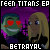 Pixel art image with two characters against a purple background, text at top and bottom reading 'TEEN TITANS EP' and 'BETRAYAL'.