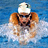 Pixelated image of a swimmer in water with text overlays on cyan background, including 'H2O ONE PART HEART =)', '2 PARTS', and Olympic-related phrases.