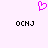 A static pixel art icon with a pink heart symbol above two identical black text strings on a light purple background.