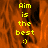 Yellow text 'Aim is the best :)' on orange background with pixelated texture, displayed in a