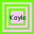 Four square display the name 'Kayla' in pixelated text over layered green and pink squares, with one showing a green block covering part of the text