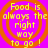 Pixelated text reads "Food is always the right way to go!" in yellow over orange concentric circles on a purple background.