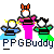 Pixelated image of three cartoon figures with white faces and colored clothing standing above text reading 'PFGBuddy' on a gray background.
