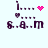 Pixelated icon with dark purple text 's.a.m' and heart symbols, featuring pink heart and starburst animations.