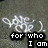 Pixelated icon with white text on dark background, featuring stylized 'for who I am' phrase and abstract shapes.