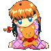 Pixelated cartoon girl with orange hair and blue eyes holding a teddy bear, wearing pink diamond-patterned dress with red accents.