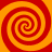 Four red and orange spiral patterns arranged in a on a solid orange background