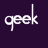 'geek' text with blue hearts in various states on a dark purple background