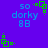 Pixelated blue text 'so dorky 8B' on purple background with green pixel-art symbol above, repeated in