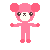 Pixelated pink bear-like figure with large rounded ears, white muzzle, and dark eyes in three distinct poses against gray background.
