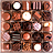 A grid of 25 pixelated icons in warm brown, orange, and white tones, each with distinct shapes and patterns including circles, squares, and striped forms.