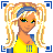 A contact sheet of 10 animated frames showing a pixel-art character with blonde pigtails, yellow crop top, blue jacket, and jeans in various poses against a white background with blue geometric patterns.