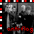 A 2x2 contact sheet of a black-and-white animated icon featuring two figures with the text "anti-flag" in red pixelated font, bordered by alternating red and white filmstrip patterns.