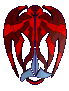 A red and blue stylized creature head with symmetrical patterns, shown in multiple views including front, side, and rotated angles.