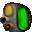 Pixelated green and yellow mechanical object with orange accents, shown in six displaying slight positional shifts