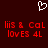 A dark red background features a white pixelated heart symbol above red pixelated text reading "liis & Cal loves 4L" in two identical side-by-side arrangements.