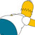 A pixelated character with yellow skin and blue clothing, holding a white object against a plain background.
