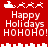 Red pixel art icon with white text and symbols showing Santa's sleigh, reindeer, city skyline, and holiday greetings.