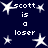 Dark blue background with white pixelated text and star shapes scattered throughout.