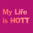 Pixelated text reads 'My Life Is HOT' in light orange on a magenta background with subtle dot pattern.
