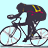 Pixelated static icon of a cyclist in aerodynamic position on a road bike with large wheels, wearing dark clothing and a helmet featuring yellow and blue patterns against light blue background.
