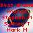 A static image shows a dark blue oval object with yellow stripes against a gradient background, overlaid with red text listing names.