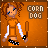 Pixel art contact sheet showing two frames of an animated buddy icon with a cartoon character holding a baseball bat against an orange background, featuring the text "CORN DOG".