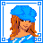 Pixel art buddy icon featuring a character with blue beret and orange hair, surrounded by text elements on a blue background.