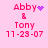 Pixelated pink background displays four identical text blocks with 'Abby & Tony 11-23-07', each featuring a distinct animated symbol above 'Abby'.