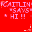 Red background with repeated pink text 'CAITLIN *SAYS* HI !!!' and white star icons, some stars have red dots below them.