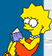 Yellow-haired cartoon character in red dress reading purple book against blue background with white brick border.