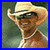 Two pixelated frames of a cowboy-themed buddy icon showing a man in a straw hat and sunglasses on the left, transitioning to a shirtless version with hands on hips against a blue sky on the right.