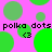 Pixelated pattern of green circles on pink background with repeated text "polka dots polka dots" and small arrow symbols.