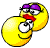 Yellow cartoon face with red lips and purple sunglasses, showing multiple expressions including smiling, winking, and sticking out tongue.