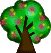 Four pixelated tree icons arranged in a , each showing different states: fruit-bearing with green leaves and pink/yellow spots, leafy green without fruit, autumnal red/orange foliage, and bare branches
