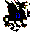 Pixelated icon with black, blue, yellow, red, and white elements on gray background; blue 'i' symbol visible; omega symbol outline; butterfly-like shape with multicolored pixels.
