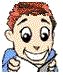 Pixelated cartoon character with red hair, blue jacket, and white shirt showing two eye expressions in sequence.