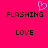 A bright pink background displays two identical pixelated text blocks with 'FLASHING' above 'LOVE', each accompanied by a small heart symbol.
