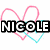 Pixelated icon with bold black-and-white text 'NICOLE' overlaid on a pink and cyan heart outline against white background.