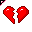 Two red pixelated heart halves on gray background, one pair separated and the other joined with a dark brown crack line.