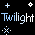 Pixelated text 'Twilight' repeated twice in light blue and white, surrounded by small star-like symbols on a black background.