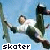 Animated sequence of a person in white shirt and dark pants performing skateboard trick against light blue background with 'skater' text below.