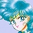 Pixelated anime-style character with teal hair, closed eyes, and a pink mouth, set against a light blue background.