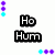 Pixelated text 'Ho Hum' in black with white outline, surrounded by vertical and horizontal cyan-purple dot patterns on white background.