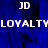 Blue background with white text 'JD' and 'LOYALTY' repeated in pixelated style, partially cropped on the right side.