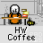 Pixelated character in orange shirt sits at desk with coffee cup and striped container, gray background with 'Hw Coffee' text below.