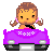 Pixel art contact sheet showing two frames of a cartoon girl driving a purple car with visible animation changes between frames.