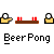 Animated contact sheet of a pixel art beer pong game with yellow paddles, red cups, and white balls on brown tables across 18 frames showing ball movement and paddle positions.