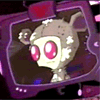 Animated character with large pink eyes and brown ears inside a purple frame, showing facial expression changes from neutral to angry.